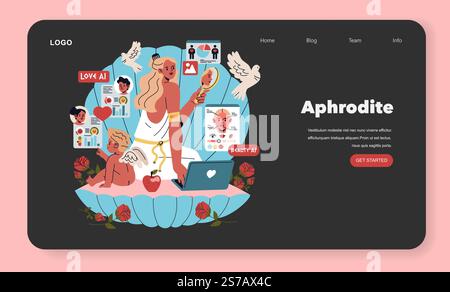 Olympic Gods AI Enhanced Synergy concept. Digital reincarnations of Aphrodite and Cupid interact with modern technology. Ancient mythology meets artificial intelligence. Vector illustration. Stock Vector