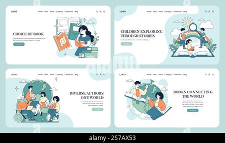 World Book Day illustration set. Celebrating the joy of reading and exploring stories across cultures. Fostering connections through diverse literature. Inspiring children and adults alike to discover new worlds through books. Vector illustration. Stock Vector