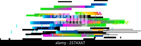 Digital distortion generating a glitch effect with colorful horizontal lines and pixelated squares, ideal for technology, internet or error concepts Stock Vector