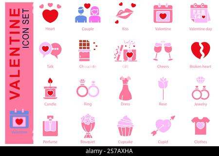 Valentine icon set. solid icon style. containing icon heart, gift, bouquet, and more. valentine day element vector illustration Stock Vector