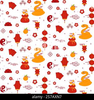 chinese new year with snake traditional background seamless pattern zodiac japanese vector lunar cny Stock Vector