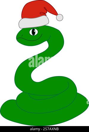 Cute green snake in santa hat as a symbol of 2025 chinese new year. Christmas wreath. Vector greeting card for holiday. graphic line illustration Stock Vector