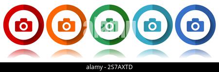 Photo camera colorful icons collection, round glossy icon set isolated on white, modern design web buttons Stock Vector
