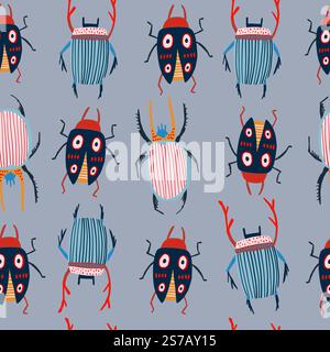 Trendy vector pattern featuring colorful, stylish bugs with unique dotted designs on a pastel background. Perfect for decorative purposes, textiles, wallpapers, and creative projects with an insects. Vector illustration Stock Vector