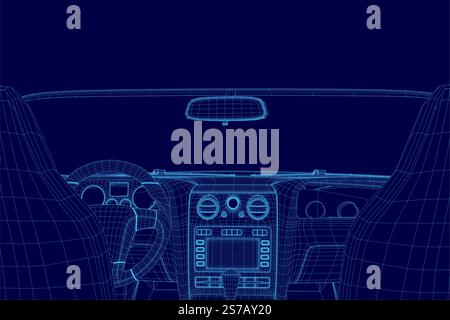 Blue car with a driver's seat and a steering wheel. The car is in a futuristic style Stock Vector