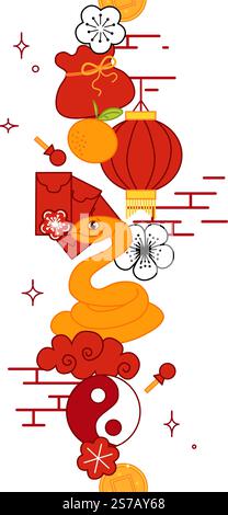 Isolated vector illustration snake china new year seamless border Animal background with stylized snakes. Vector graphic line colored silhouette. Stock Vector