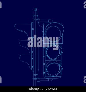 Traffic light is shown in a blue color. The traffic light is a three-light traffic signal Stock Vector