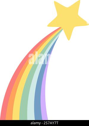 Colorful rainbow forming a shooting star trail with a yellow star on white background, simple and joyful vector illustration for kids projects Stock Vector