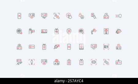 ID card, identity and personality identification with documents, biometric scan line icon set. Face and fingerprint recognition to access thin black and red outline symbols vector illustration Stock Vector