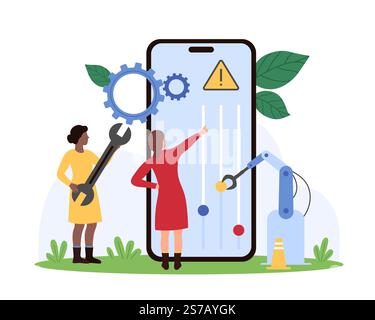 Customization and improvement of mobile app, phone system software with AI help. Tiny people and robots hand customize profile and OS settings on smartphone screen cartoon vector illustration Stock Vector