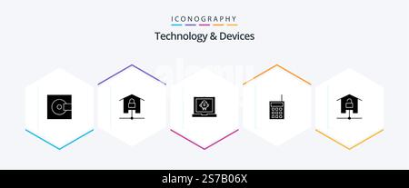 Devices 25 Glyph icon pack including talkie. hardware. locked. devices. launch Stock Vector