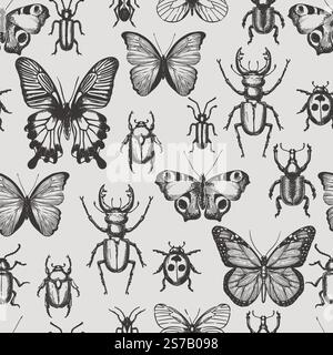 Butterfly, beetles and bugs seamless pattern. Vector hand drawn sketch illustration. Insects doodle background. Fashion textile print, fabric, wrappin Stock Vector