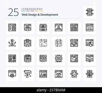 Web Design And Development 25 Line icon pack including . security . web advert. web design . sketch Stock Vector