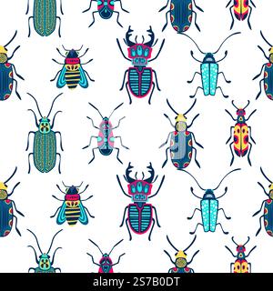 Colorful cute beetles and bugs seamless pattern. Vector flat cartoon illustration. Doodle insects on white background. Fashion kids textile print, fab Stock Vector
