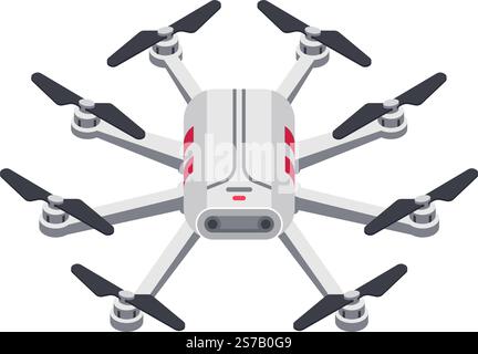 Modern hexacopter drone flying gracefully through the air, featuring rotating propellers and highlighting advanced technology, exceptional maneuverabi Stock Vector