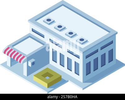 Modern isometric building featuring an awning, ventilation system on the roof, and a small planter, creating a contemporary architectural design Stock Vector