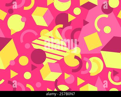 Geometric seamless pattern with memphis elements in 80s style. Colorful geometric 3D figures in isometric style. Design of promotional products Stock Vector