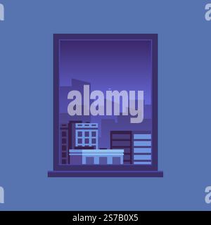 Cozy and tranquil night scene viewed from a window, showcasing a city skyline against a dark purple sky. Soft city lights twinkling, creating a serene Stock Vector