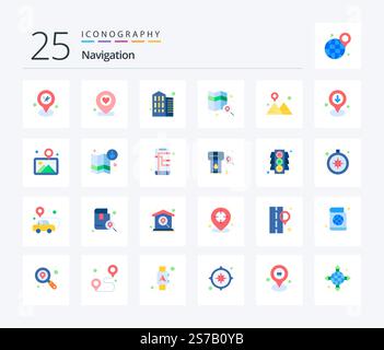 Navigation 25 Flat Color icon pack including mountain. location. building. camping. map Stock Vector