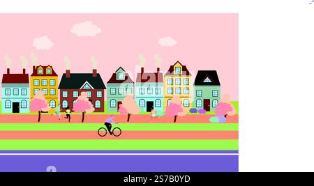 City life flat vector illustration. People walking, running, cycling and spending time in a public park on an urban cityscape background. Weekend outd Stock Vector