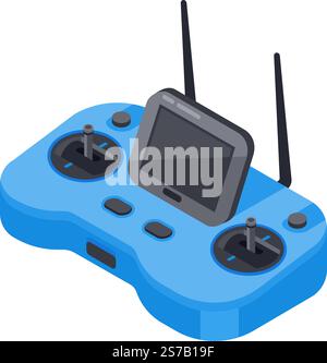 Remote control featuring a built in display for real time feedback and dual antennas, designed in sleek blue for enhanced connectivity in aerial photo Stock Vector
