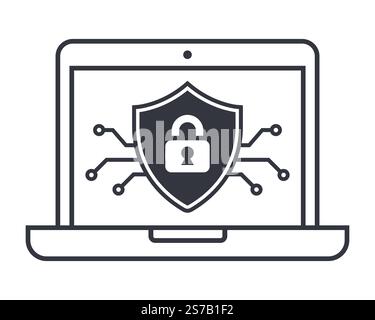 Black cybersecurity icon on laptop. Protecting your computer from viruses. Stock Vector