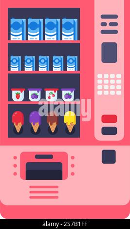 Pink vending machine offering packaged milk boxes, yogurt cups and ice cream cones, representing a convenient way to purchase snacks and refreshments Stock Vector