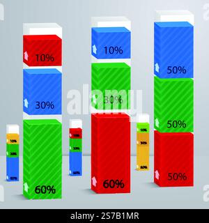 Set 3D of columns with percent.  Suitable for infographics, presentations, for web design, advertising Stock Vector