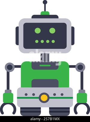 Green and grey friendly robot standing still and showing its mechanical arms, isolated on white background, ideal for technology, innovation and autom Stock Vector