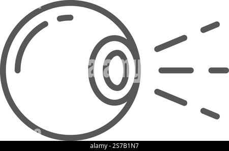 Simple gray icon of an eye looking right emitting light beams, representing concepts such as vision, observation, discovery, and enlightenment Stock Vector