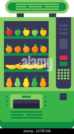 Green vending machine offering various fresh fruits like apples, oranges, bananas, and pears, promoting a healthy lifestyle and convenient access to n Stock Vector