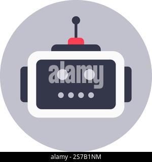 Minimalist flat design vector icon of a cute robot face with antenna, representing artificial intelligence, machine learning, and futuristic technolog Stock Vector
