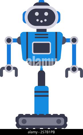 Modern blue robot standing on caterpillar wheels, featuring claws and embodying a futuristic artificial intelligence concept against a clean white bac Stock Vector