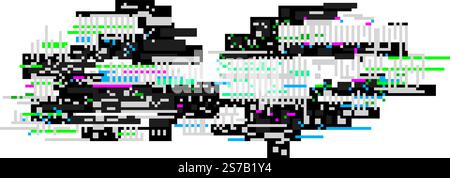 Colorful pixel sorting effect distorting a digital image, creating an abstract glitch art composition with black, white, green, blue and magenta mosai Stock Vector