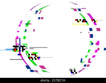 Pixel sorting effect creating colorful abstract circular shapes with glitches and distortions on a clean white background, ideal for digital art, grap Stock Vector
