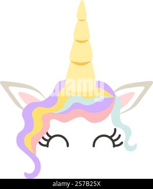 Adorable unicorn face featuring a golden horn, pastel colored mane, closed eyes with long eyelashes, and pointed ears, creating a whimsical and charmi Stock Vector