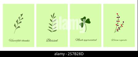 Set of floral greeting cards in flat style. Green leaves and plants. Floral greeting cards with inscriptions. Flat vector illustration. Stock Vector