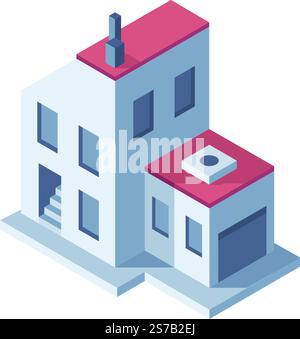 Isometric vector illustration depicting a modern house featuring a garage and chimney, ideal for showcasing real estate and architectural concepts in Stock Vector