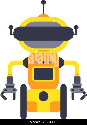 Friendly yellow robot is standing on wheels, with its claws open and an antenna on its head, suggesting advanced technology and playful automation Stock Vector