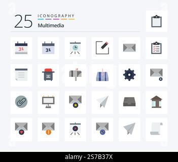Multimedia 25 Flat Color icon pack including post. text. write. note. list Stock Vector