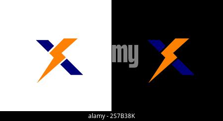 Dynamic X Logo Orange and Blue with Thunder Motif on White and Black Stock Vector