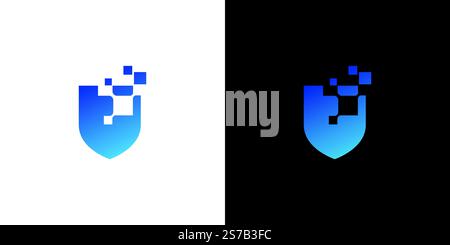Modern digital shield logo featuring a pixel-inspired design. The image showcases contrasting backgrounds, highlighting themes of protection, technolo Stock Vector