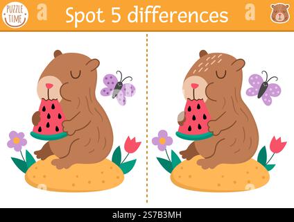 Find differences game for children. Capybara educational activity with cute animal eating watermelon. Puzzle for kids with capibara. Printable workshe Stock Vector