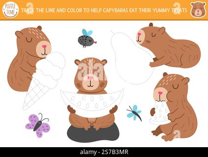 Capybara drawing, writing, tracing and coloring activity for kids with cute animals eating ice-cream, watermelon, pear. Capibara preschool printable a Stock Vector