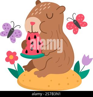 Vector capybara illustration. Cute scene with capibara sitting on flower clearing with closed eyes, with butterflies, eating watermelon. Funny spring Stock Vector