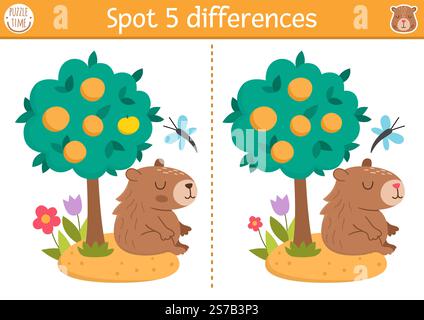 Find differences game for children. Capybara educational activity with cute animal sitting under tangerine tree. Puzzle for kids with capibara. Printa Stock Vector