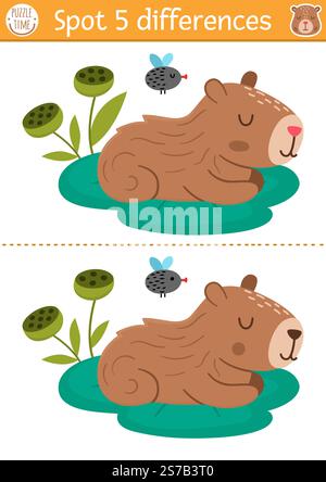 Find differences game for children. Capybara educational activity with cute animal sitting on water lily pad. Puzzle for kids with capibara. Printable Stock Vector