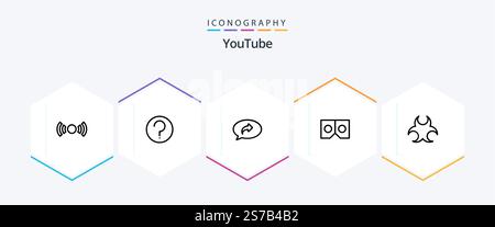 Youtube 25 Line icon pack including bio. vr. mark. glasses. right Stock Vector