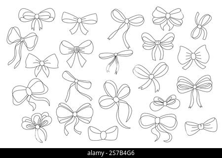 A simple collection of hand drawn ribbon bows. Bow for decoration, black linear silhouettes, large set Stock Vector