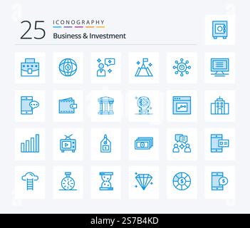 Business And Investment 25 Blue Color icon pack including connection. dollar. man chat. interface. flag Stock Vector